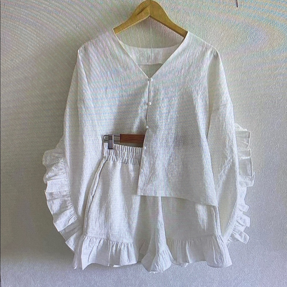 White Ruffle Sleeve Top and Shorts Set